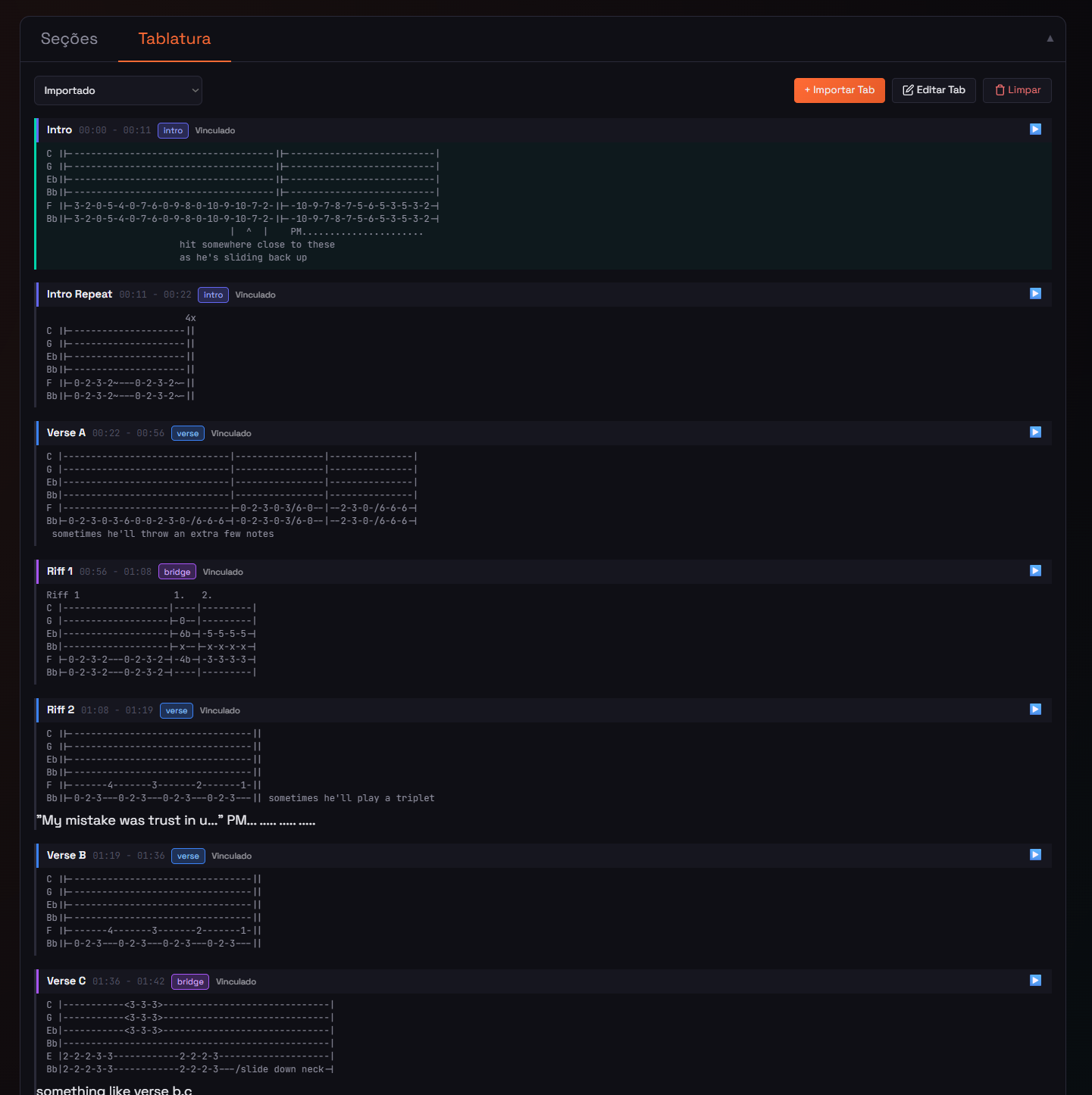 Editor de tablatura integrado